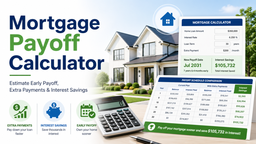 Mortgage payoff calculator showing extra payments and interest savings