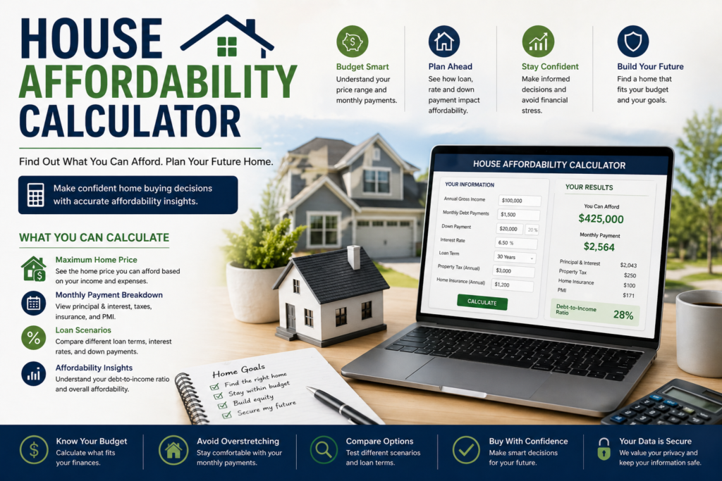 House affordability calculator estimating home price based on income debt and down payment