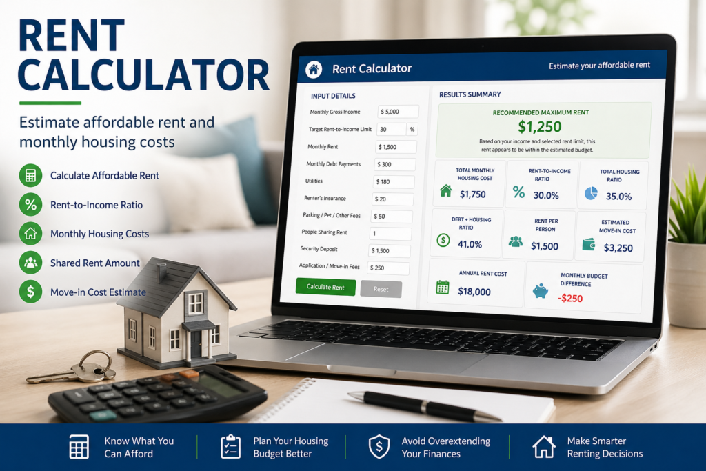 Rent calculator estimating affordable rent and monthly housing costs